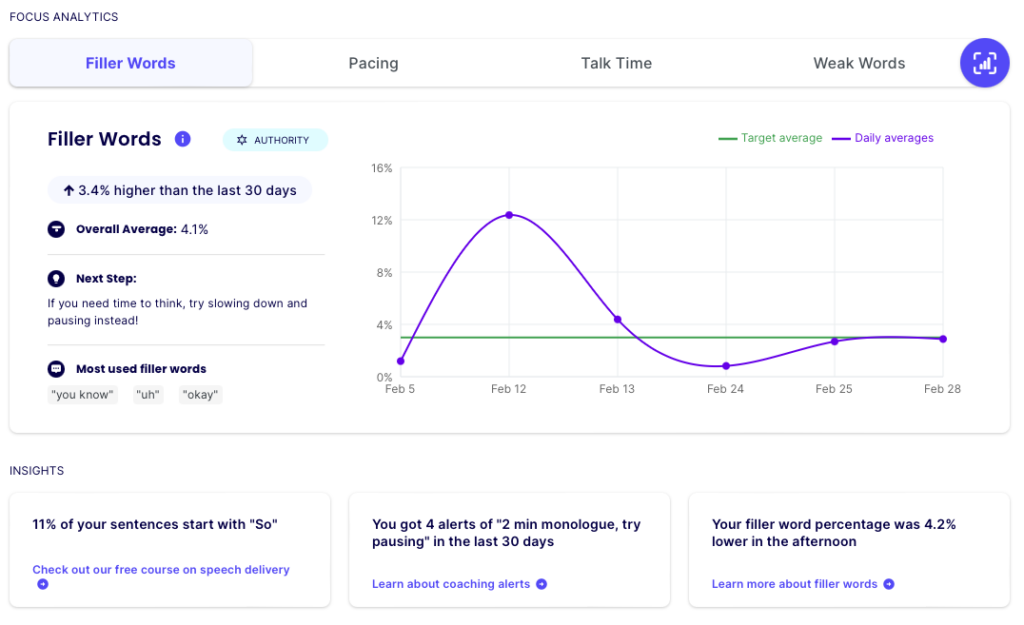 conve ai speech coach screen shot - metrics